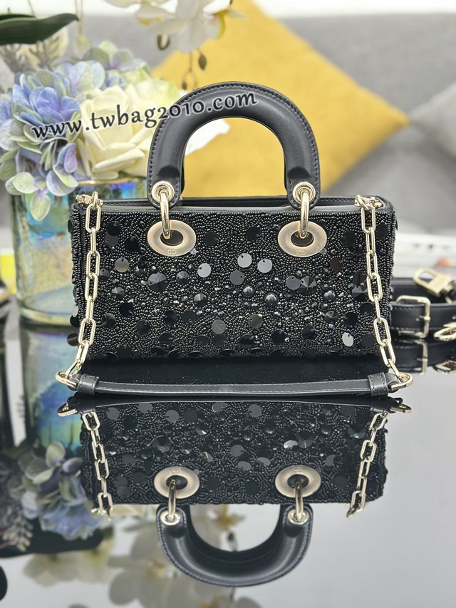 Dior专柜新款迪奥高仿原单Lady D-Joy小号刺绣珠片黑色手提包 djfk1398